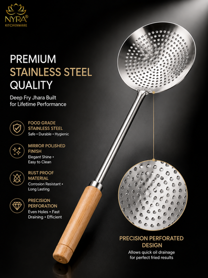 Deep Fry Strainer Mesh | Ladle for Spaetzle/Pasta/Chips Deep Fry Jhara Skimmer Puri Strainer with wood handle