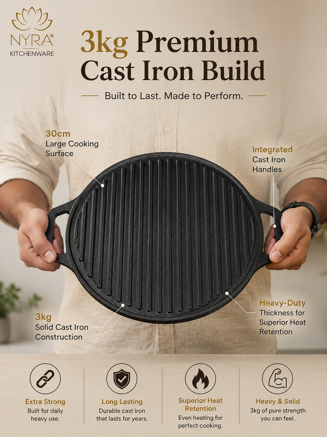 2-in-1 Cast Iron Dosa Tawa & Grill | Naturally Non-Stick, Induction & Gas Compatible