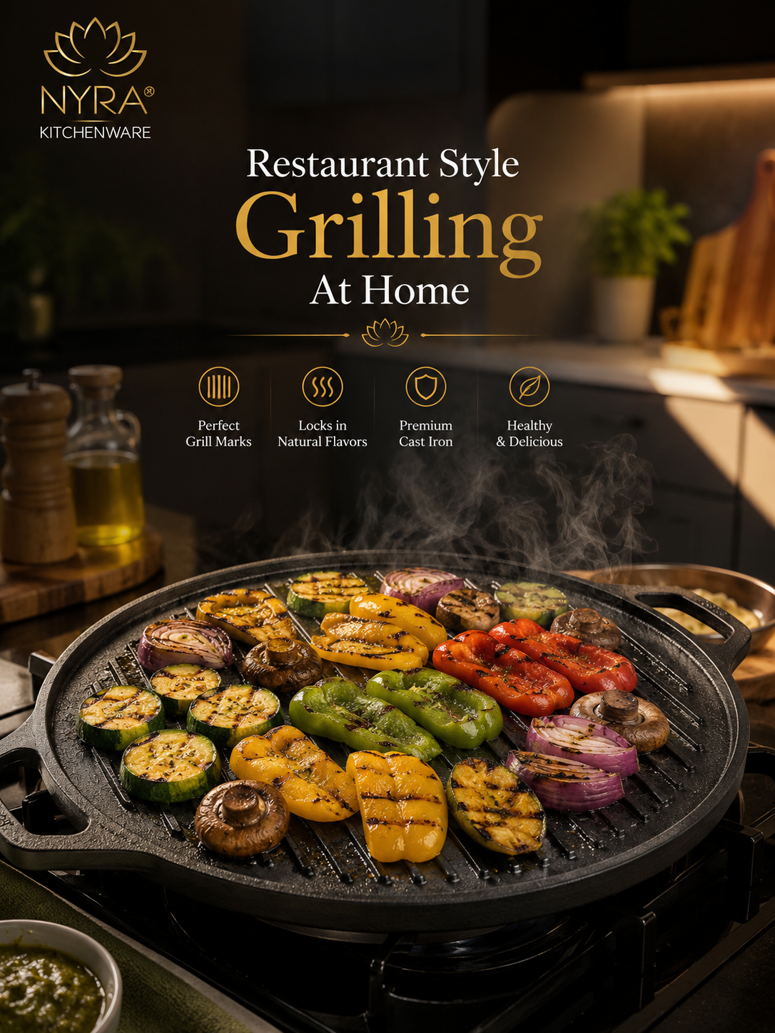 2-in-1 Cast Iron Dosa Tawa & Grill | Naturally Non-Stick, Induction & Gas Compatible