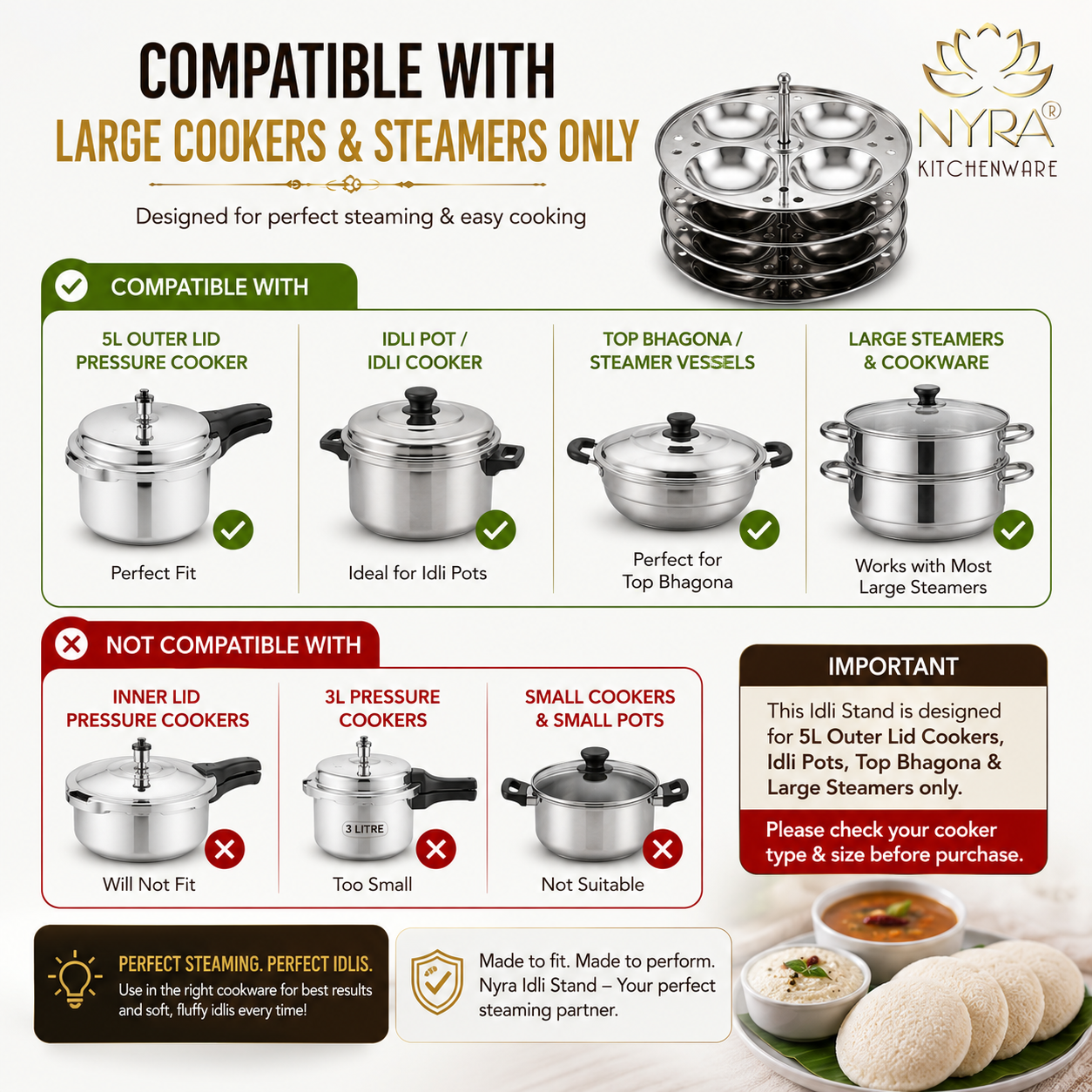 Stainless Steel Idli Stand 3 Plate/4 Plate Idli Maker - Round Cavities Steamer Rack for 5L Outer Lid Pressure Cooker Idli Pot Top Bhagona Large Cookware