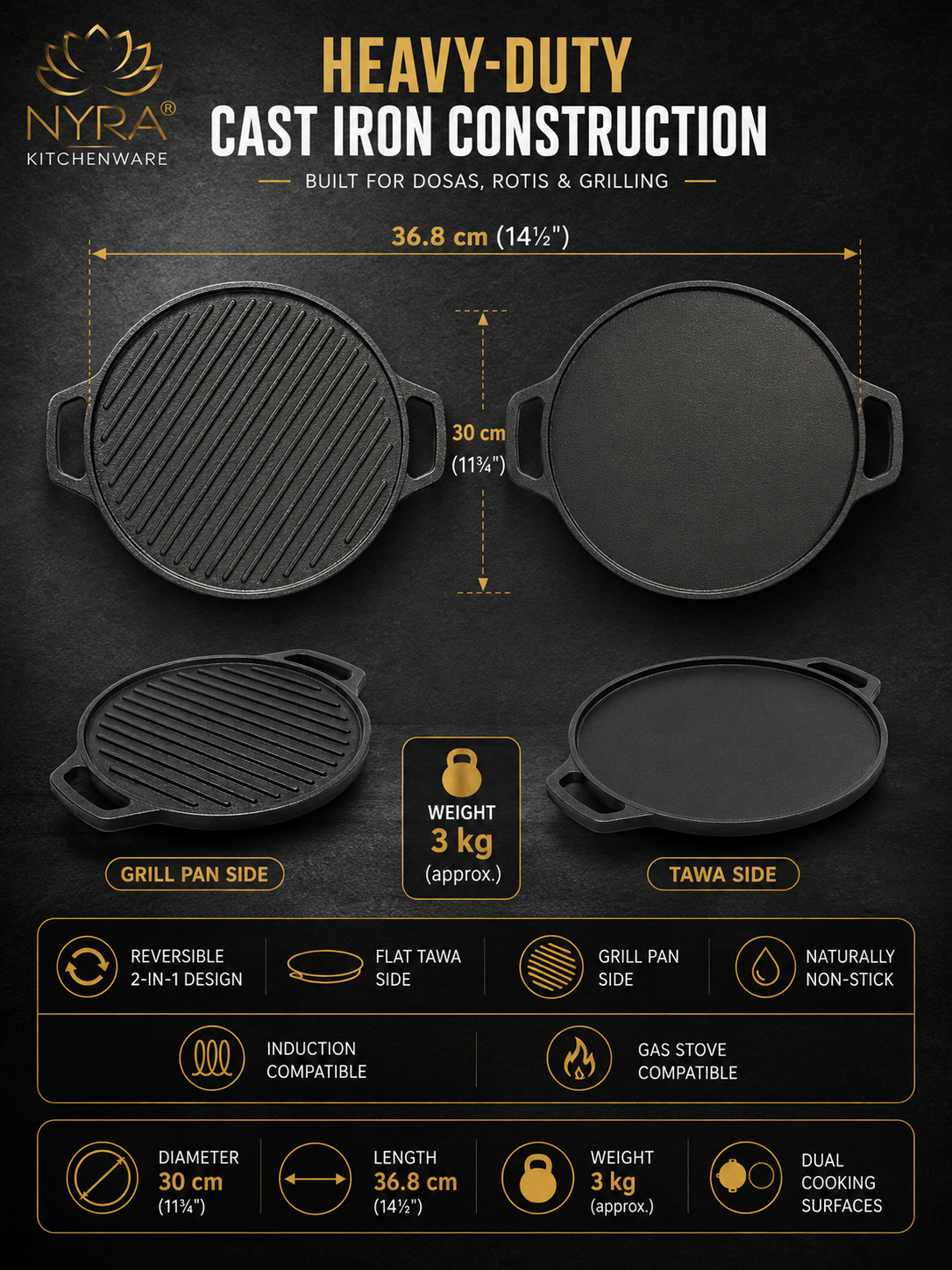 2-in-1 Cast Iron Dosa Tawa & Grill | Naturally Non-Stick, Induction & Gas Compatible