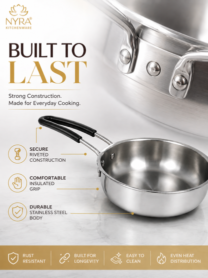 Triply Stainless Steel Fry Pan with Heat-Resistant PVC Handle | Heavy Gauge Food Grade Tri-Ply Cookware | Induction & Gas Compatible