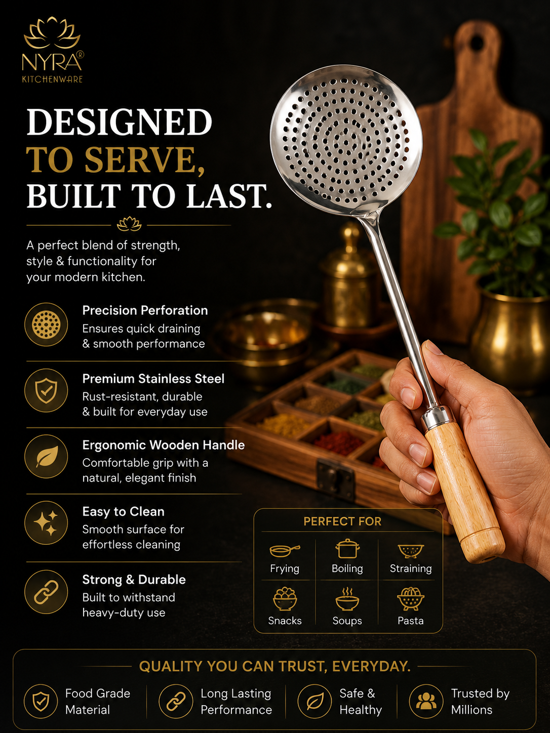Deep Fry Strainer Mesh | Ladle for Spaetzle/Pasta/Chips Deep Fry Jhara Skimmer Puri Strainer with wood handle