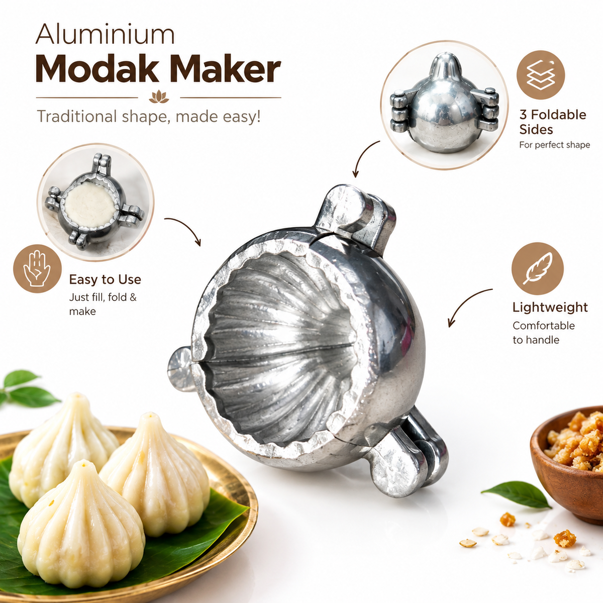 Aluminium Modak Maker Mould | Traditional Modak Sacha Sancha for Homemade Modak, Ukadiche Modak & Prasad | Foldable Hand Press Mould