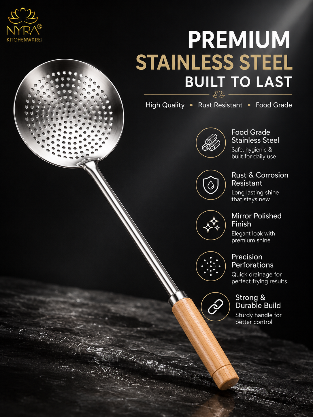 Deep Fry Strainer Mesh | Ladle for Spaetzle/Pasta/Chips Deep Fry Jhara Skimmer Puri Strainer with wood handle