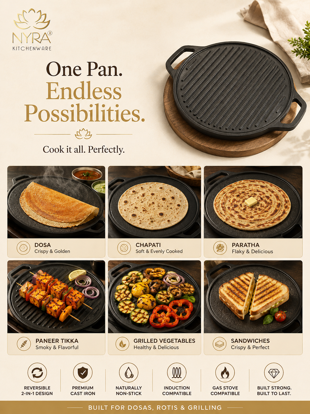 2-in-1 Cast Iron Dosa Tawa & Grill | Naturally Non-Stick, Induction & Gas Compatible