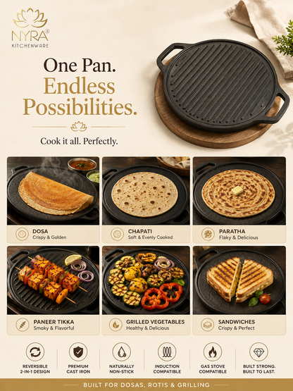 2-in-1 Cast Iron Dosa Tawa & Grill | Naturally Non-Stick, Induction & Gas Compatible