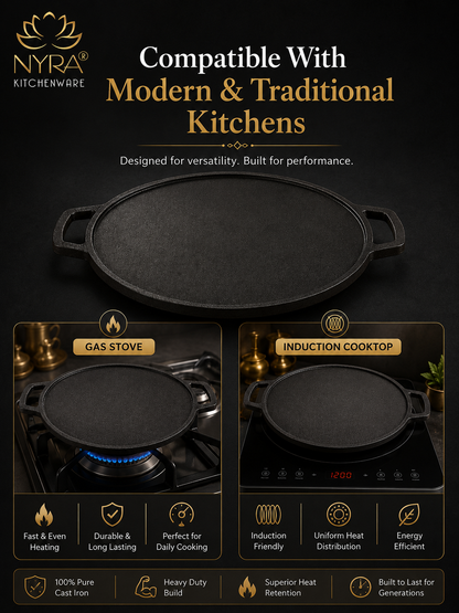 Cast Iron Dosa & Chapati Tawa | Pre-Seasoned, No Coating, All Stove Types