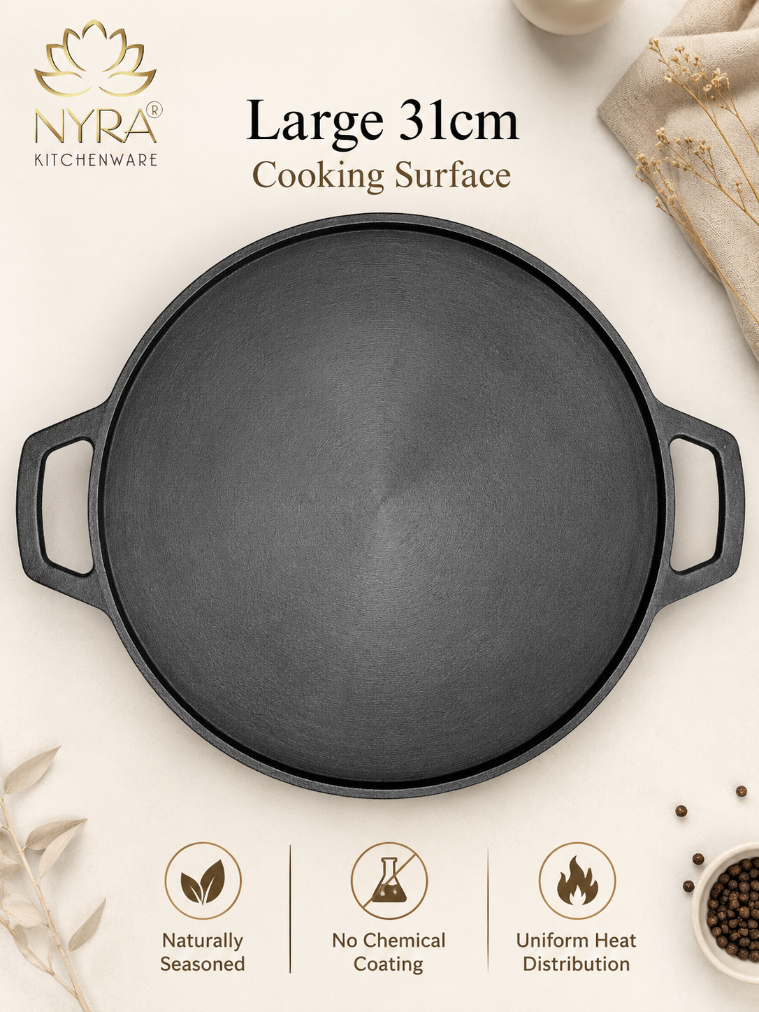 Cast Iron Dosa & Chapati Tawa | Pre-Seasoned, No Coating, All Stove Types