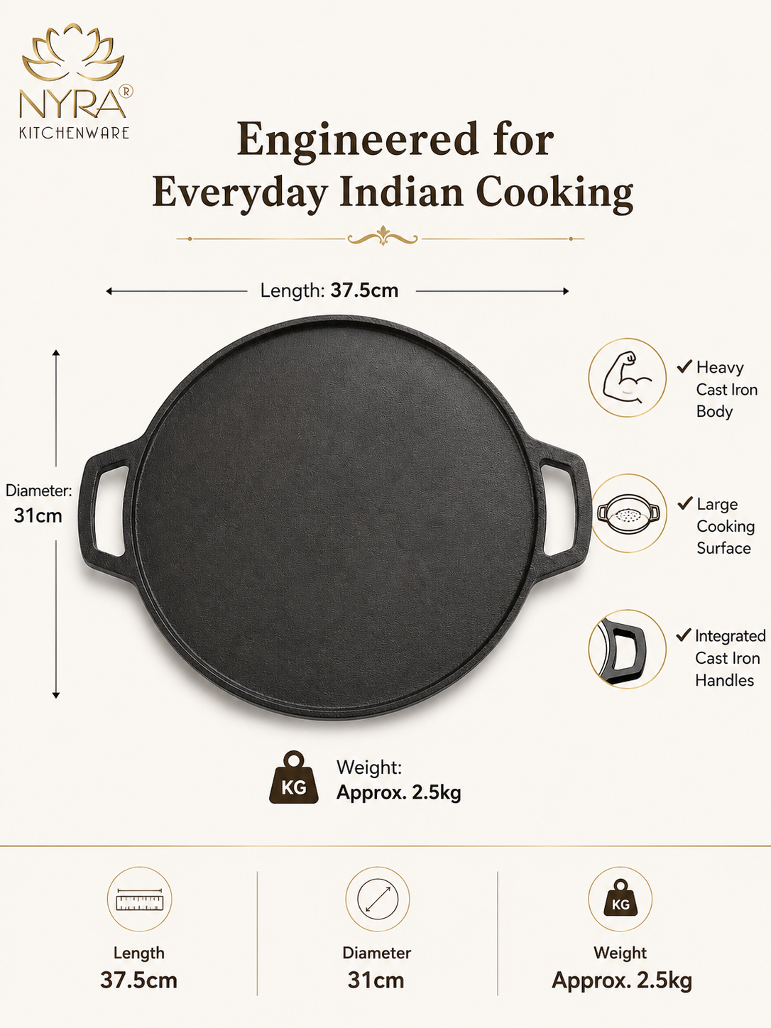 Cast Iron Dosa & Chapati Tawa | Pre-Seasoned, No Coating, All Stove Types