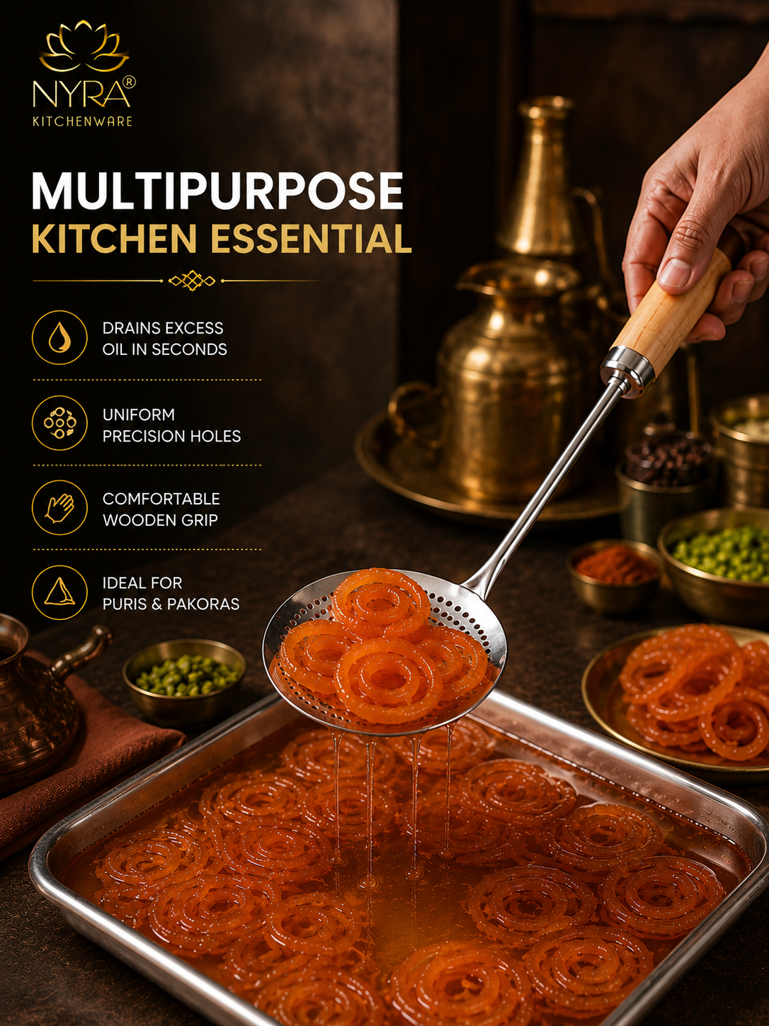 Deep Fry Strainer Mesh | Ladle for Spaetzle/Pasta/Chips Deep Fry Jhara Skimmer Puri Strainer with wood handle