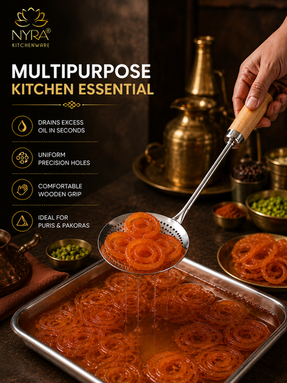 Deep Fry Strainer Mesh | Ladle for Spaetzle/Pasta/Chips Deep Fry Jhara Skimmer Puri Strainer with wood handle