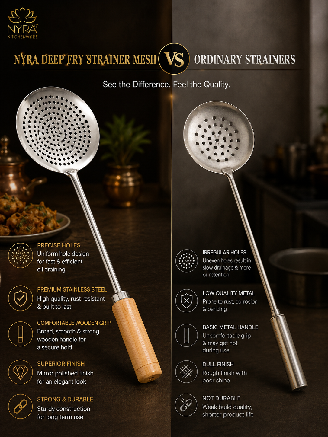 Deep Fry Strainer Mesh | Ladle for Spaetzle/Pasta/Chips Deep Fry Jhara Skimmer Puri Strainer with wood handle