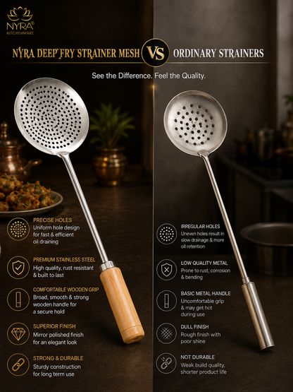 Deep Fry Strainer Mesh | Ladle for Spaetzle/Pasta/Chips Deep Fry Jhara Skimmer Puri Strainer with wood handle