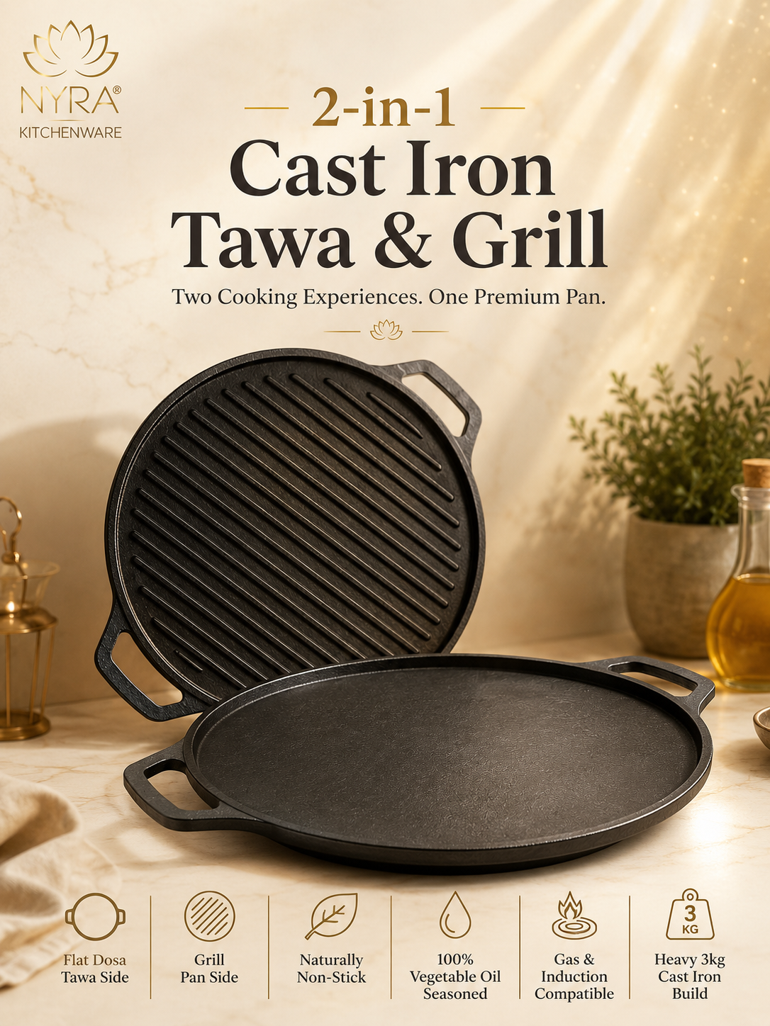 2-in-1 Cast Iron Dosa Tawa & Grill | Naturally Non-Stick, Induction & Gas Compatible