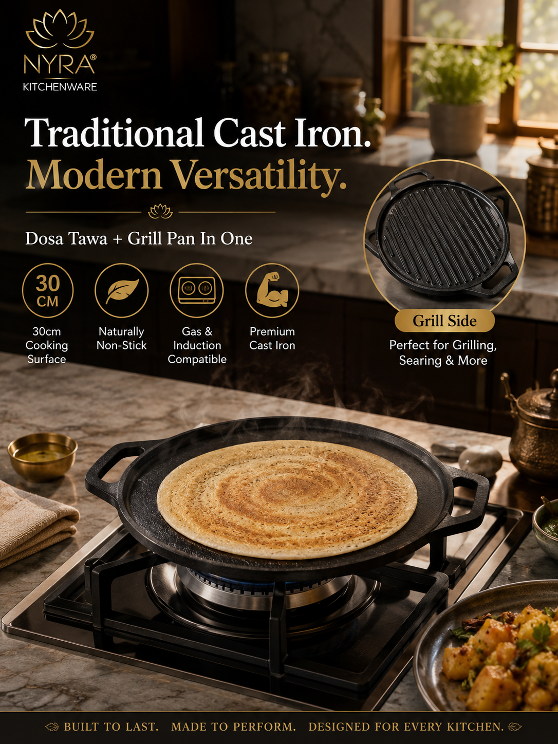 2-in-1 Cast Iron Dosa Tawa & Grill | Naturally Non-Stick, Induction & Gas Compatible