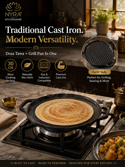 2-in-1 Cast Iron Dosa Tawa & Grill | Naturally Non-Stick, Induction & Gas Compatible