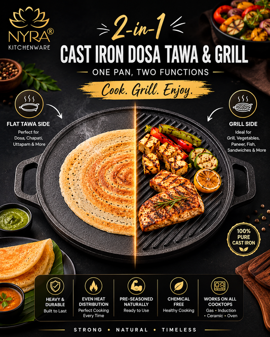 2-in-1 Cast Iron Dosa Tawa & Grill | Naturally Non-Stick, Induction & Gas Compatible