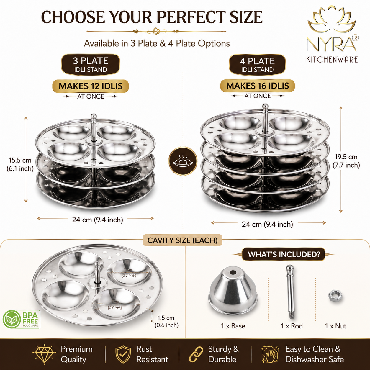 Stainless Steel Idli Stand 3 Plate/4 Plate Idli Maker - Round Cavities Steamer Rack for 5L Outer Lid Pressure Cooker Idli Pot Top Bhagona Large Cookware