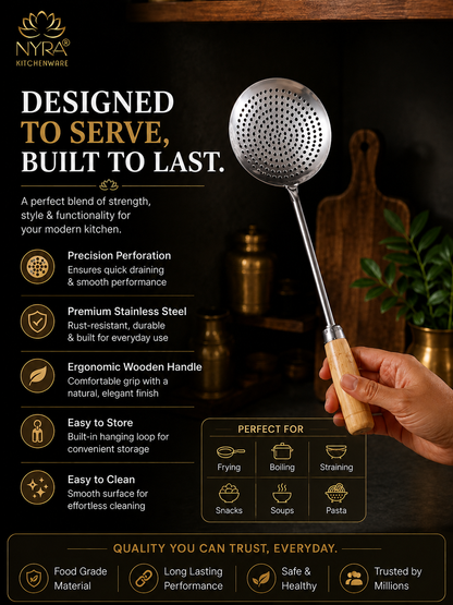 Deep Fry Strainer Mesh | Ladle for Spaetzle/Pasta/Chips Deep Fry Jhara Skimmer Puri Strainer with wood handle