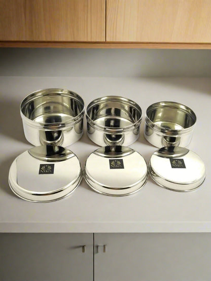 Stainless-Steel Box Round Storage Container (Gol Dibbi/Dabba)- Set of 3