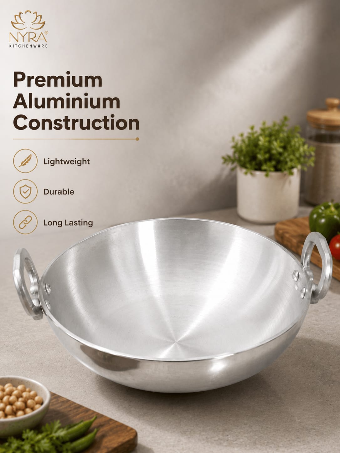 Aluminium Wok/Kadhai with Sturdy Handle - 4 Sizes