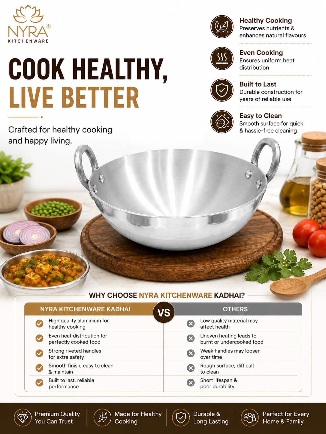 Aluminium Wok/Kadhai with Sturdy Handle - 4 Sizes