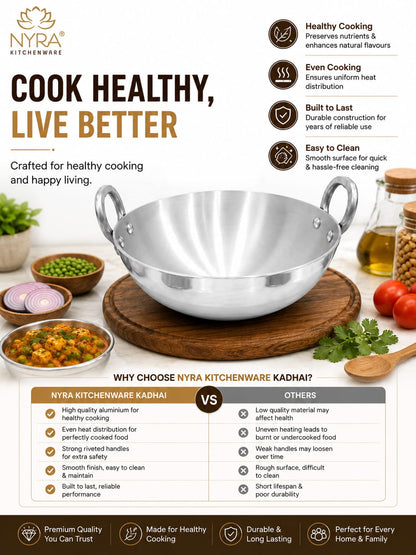 Aluminium Wok/Kadhai with Sturdy Handle - 4 Sizes