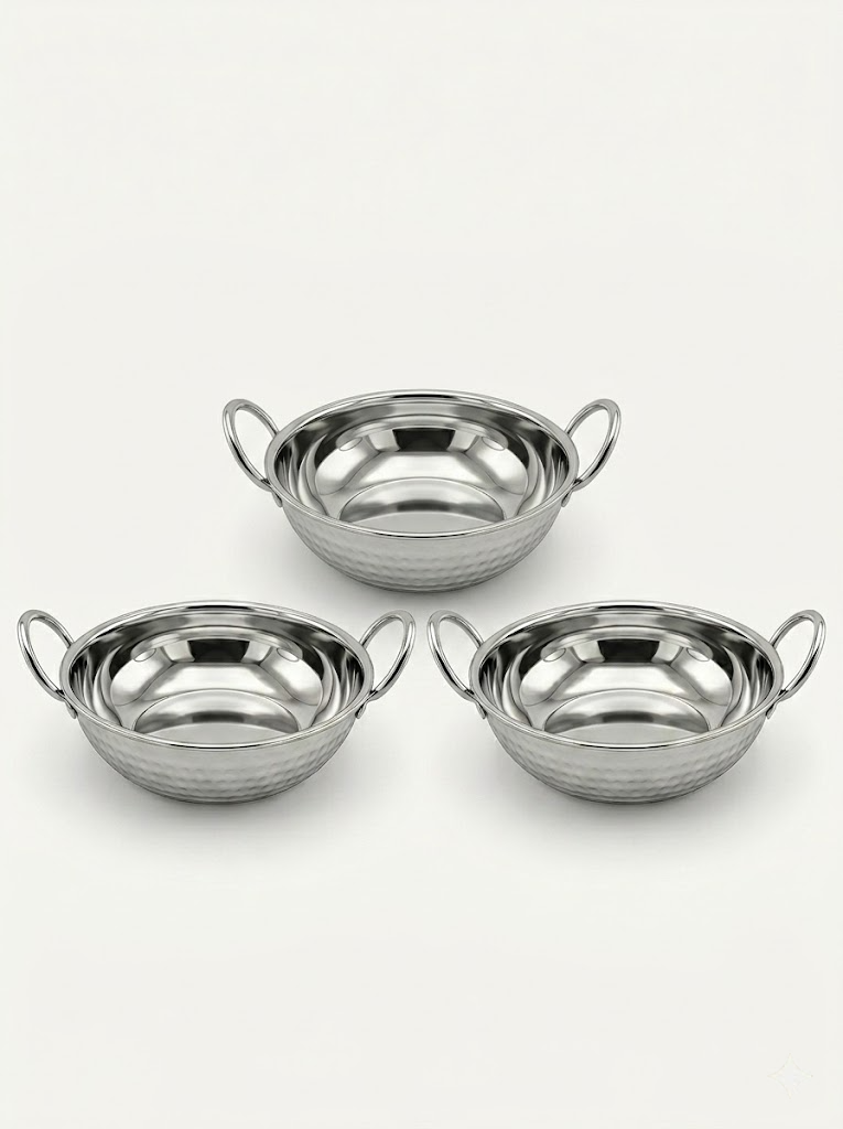 Stainless Steel Hammered Finish Kadhai with Handles – Premium Serveware Set