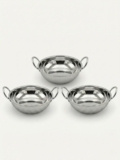 Stainless Steel Hammered Finish Kadhai with Handles – Premium Serveware Set