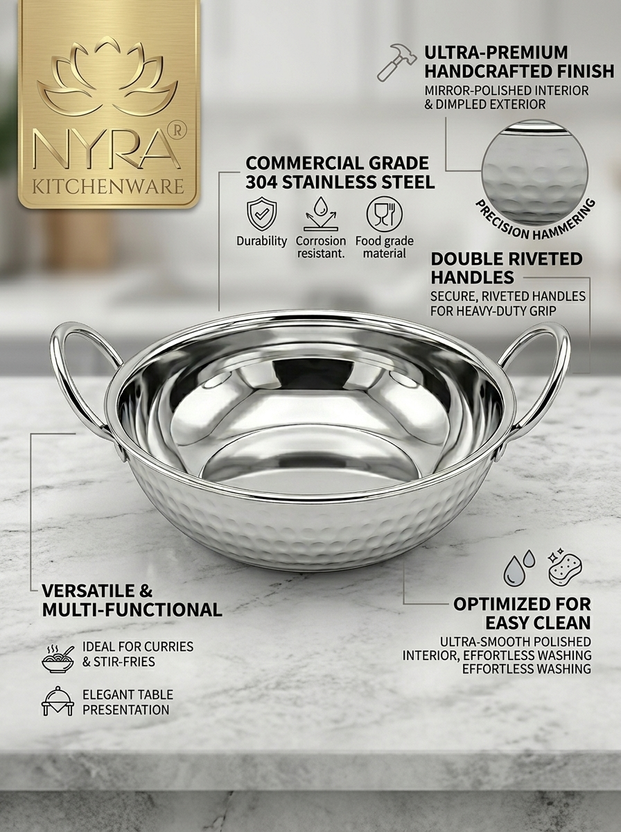 Stainless Steel Hammered Finish Kadhai with Handles – Premium Serveware Set
