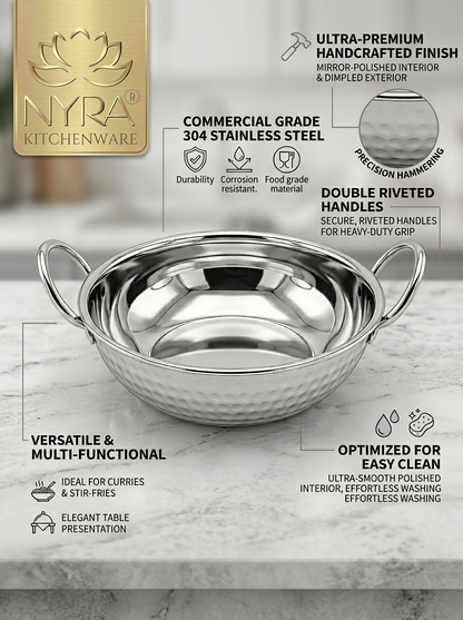 Stainless Steel Hammered Finish Kadhai with Handles – Premium Serveware Set
