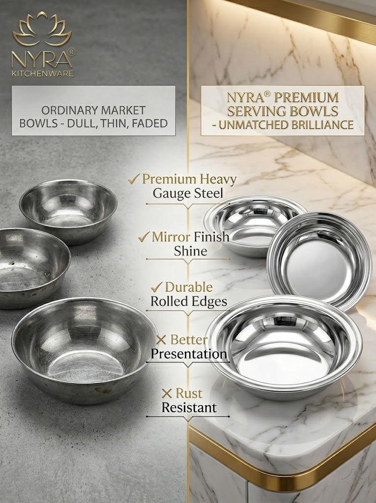 Deep Stainless Steel Multipurpose Bowls - Set of 6 for Serving & Dining