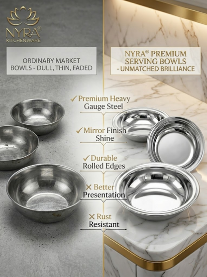 Deep Stainless Steel Multipurpose Bowls - Set of 6 for Serving & Dining