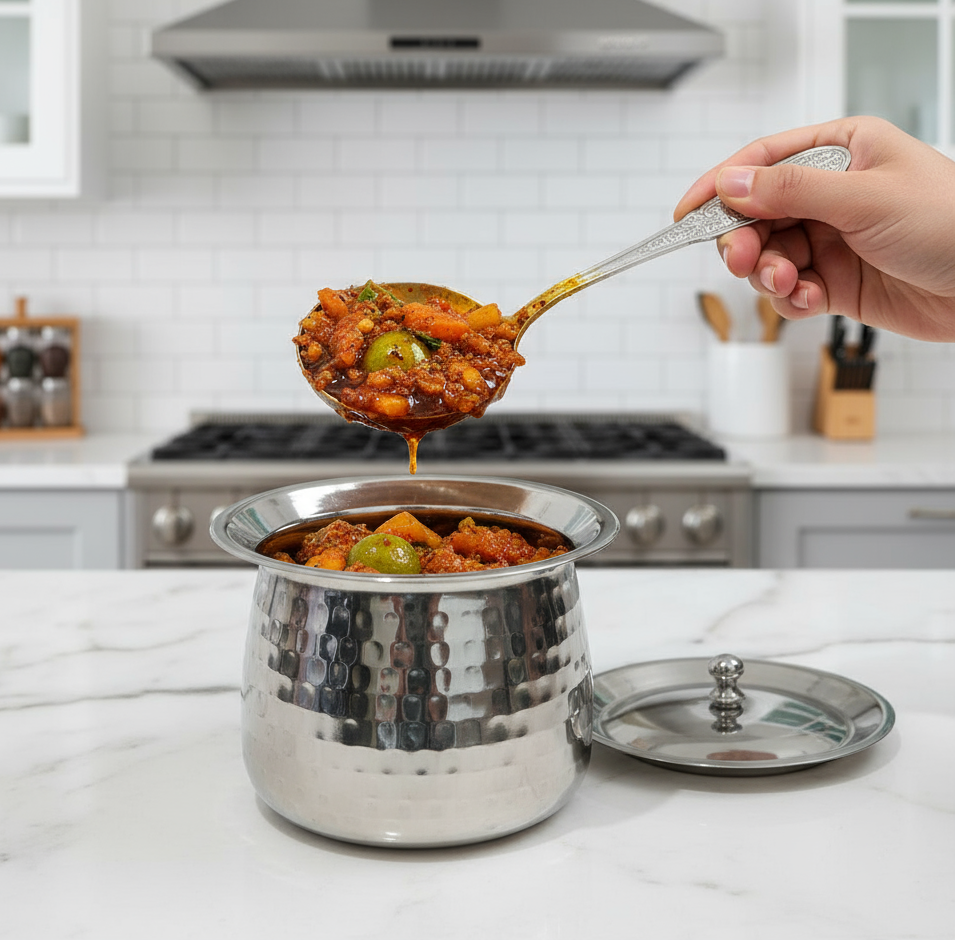 Stainless Steel Hammered Serving Handi with Lid | Serving bowl - Perfect for Biryani, Curries, and Indian Cuisine