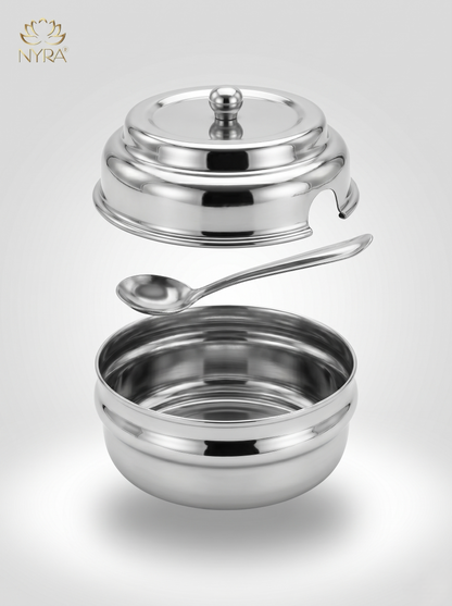 Stainless Steel Ghee Pot & Oil Container | Multipurpose Storage Container with Spoon- 3 Pcs Set