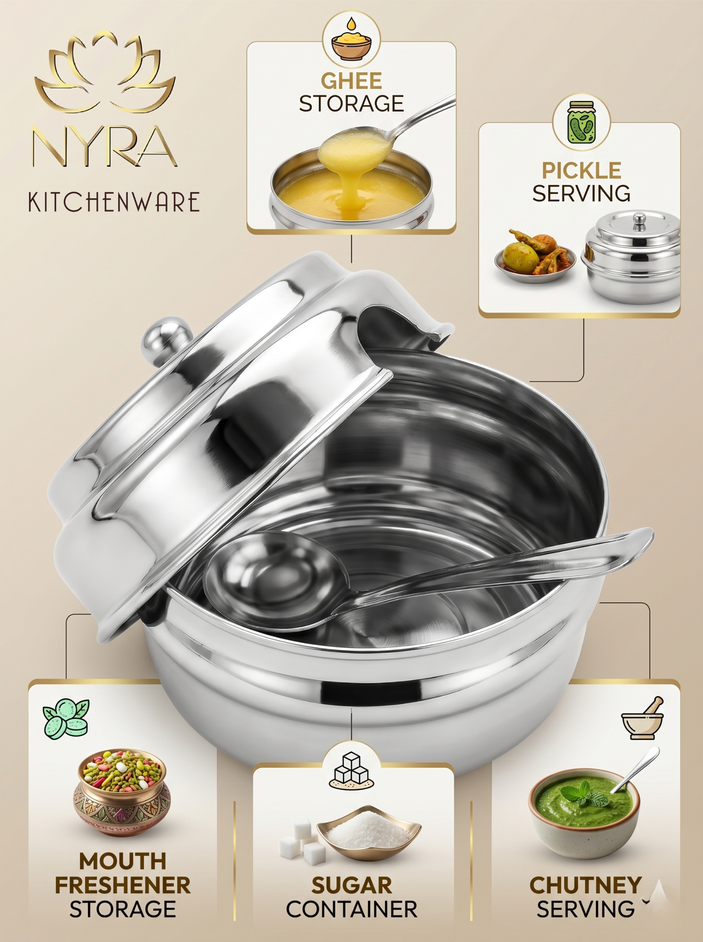 Stainless Steel Ghee Pot & Oil Container | Multipurpose Storage Container with Spoon- 3 Pcs Set
