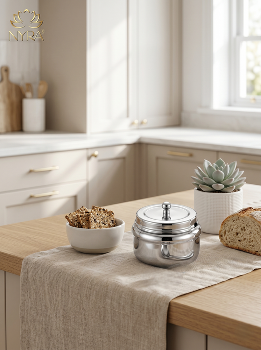 Stainless Steel Ghee Pot & Oil Container | Multipurpose Storage Container with Spoon- 3 Pcs Set