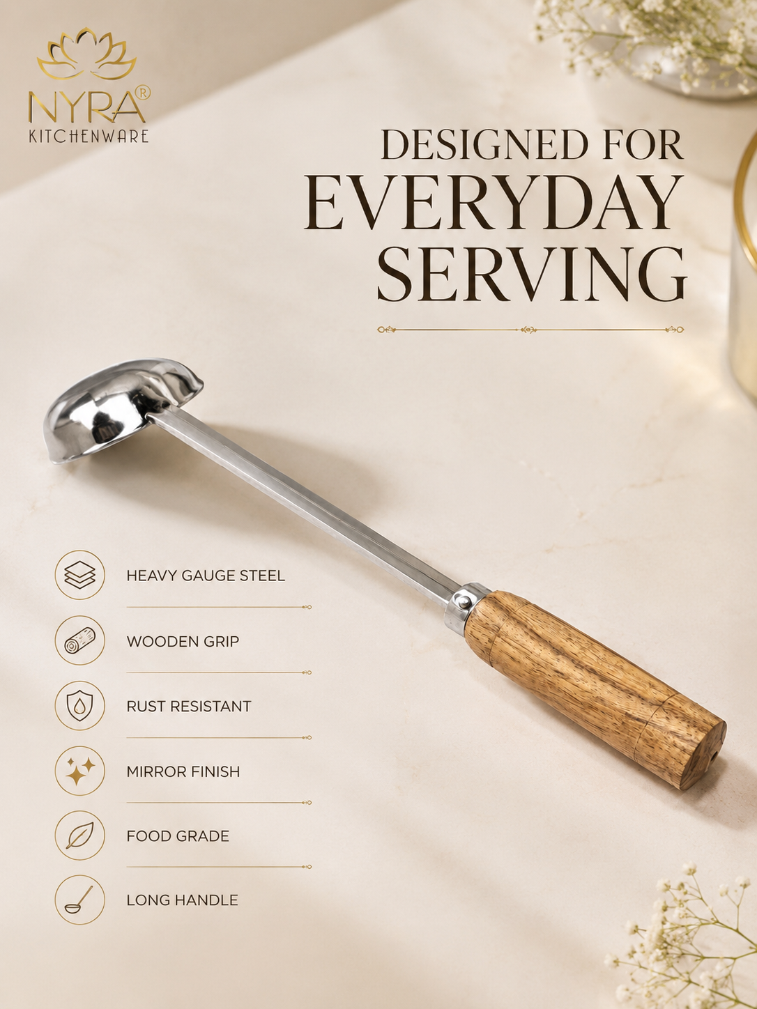 Stainless Steel Ladle/Golchi/Chamcha with Wooden Handle - Premium Serving Kitchen Tool Set