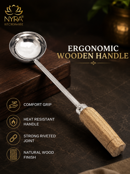 Stainless Steel Ladle/Golchi/Chamcha with Wooden Handle - Premium Serving Kitchen Tool Set