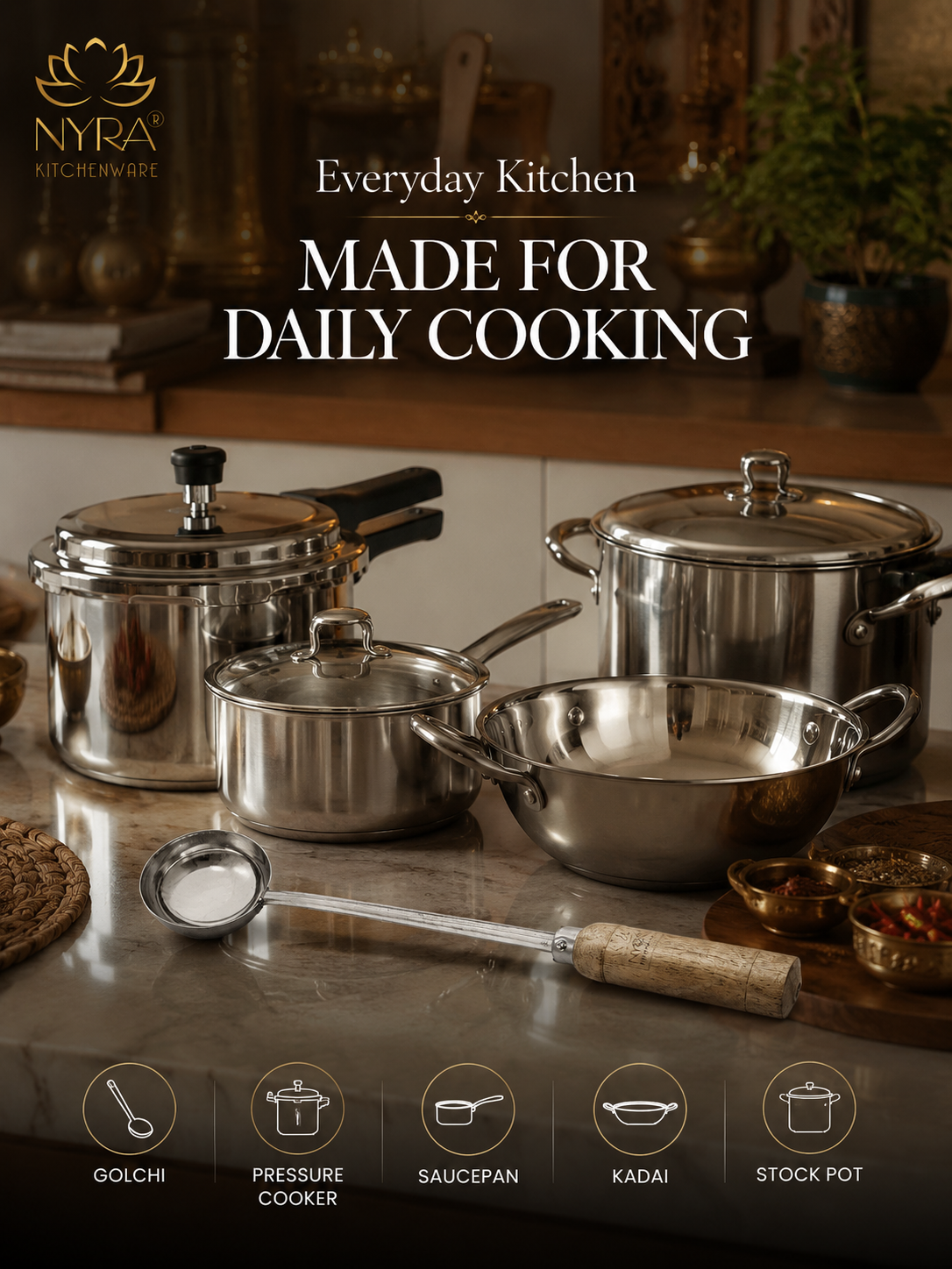 Stainless Steel Ladle/Golchi/Chamcha with Wooden Handle - Premium Serving Kitchen Tool Set