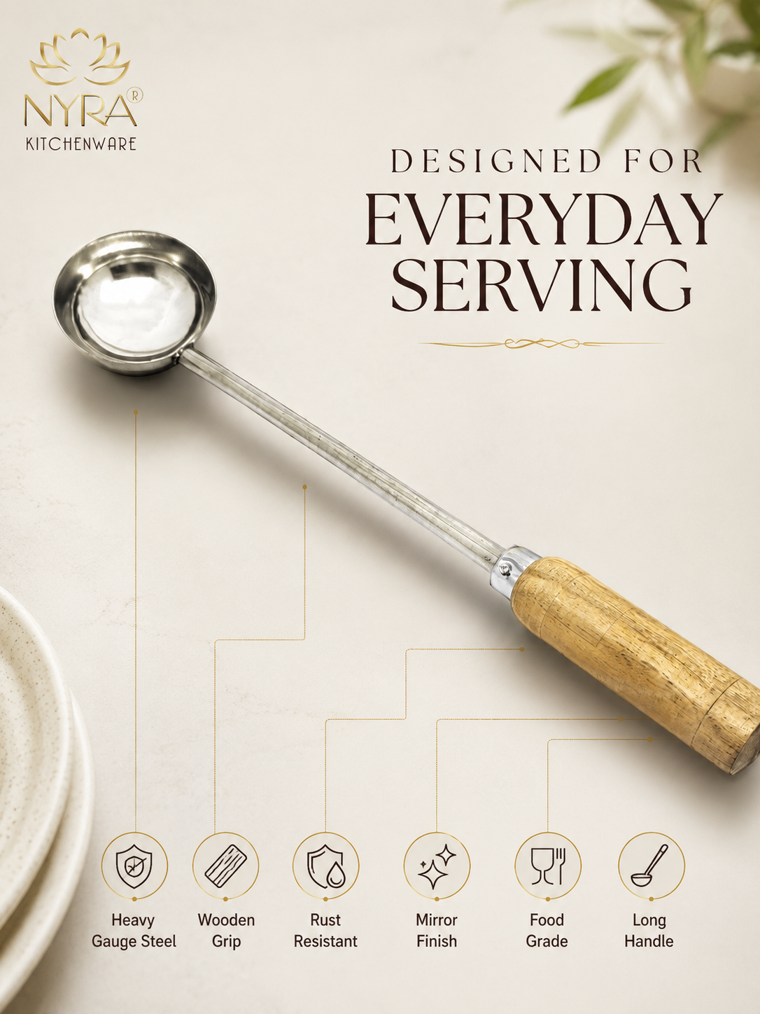 Stainless Steel Ladle/Golchi/Chamcha with Wooden Handle - Premium Serving Kitchen Tool Set