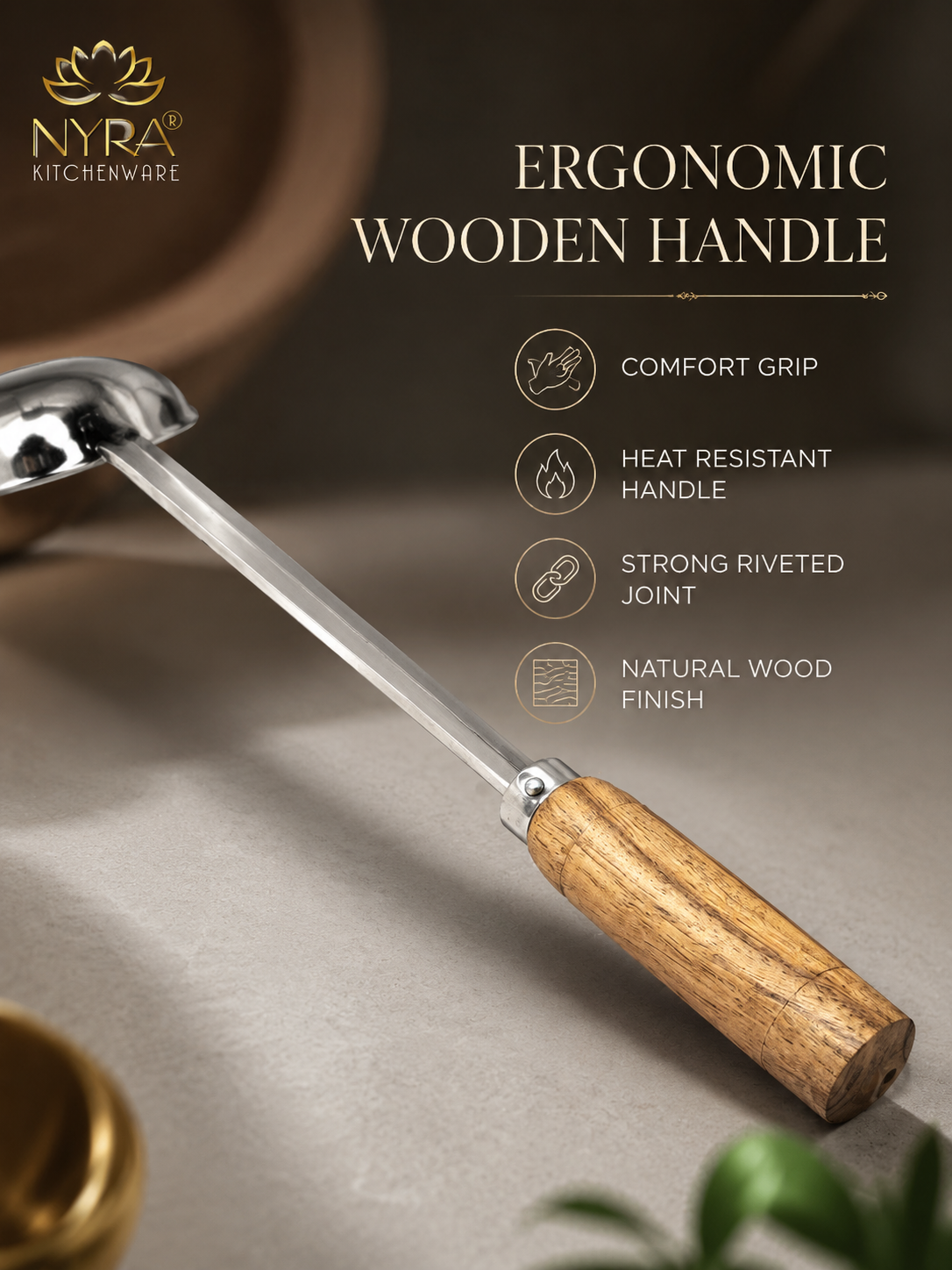 Stainless Steel Ladle/Golchi/Chamcha with Wooden Handle - Premium Serving Kitchen Tool Set