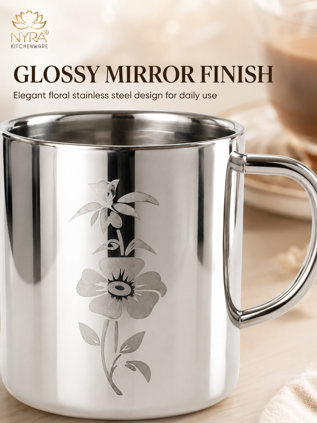 Stainless Steel Double-walled Mug/Cup Set - Floral Laser Printed