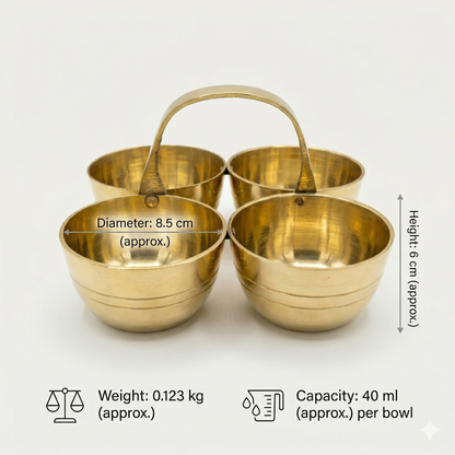 Brass Chaumukha | 4-Compartment Puja Organizer for Roli, Chawal, Chandan & Sweets | Antique Gold Finish Religious Festive Decor