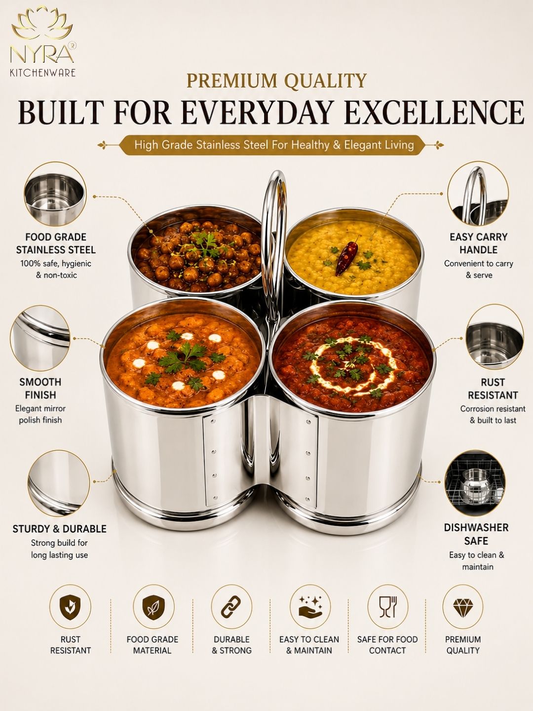 Nyra kitchenware stainless steel containers with food illustrations and features on a white background