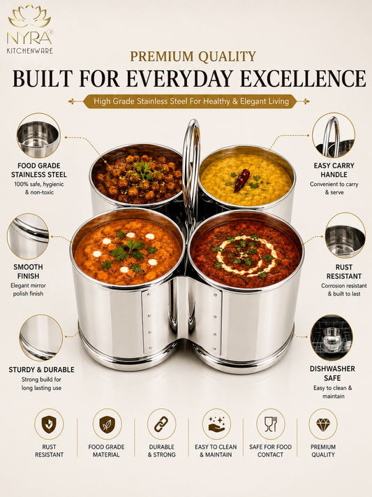 Stainless Steel Chaumukha/Chougadha Vegetable Holder with Handle | Premium 2, 3 & 4 Container Stand