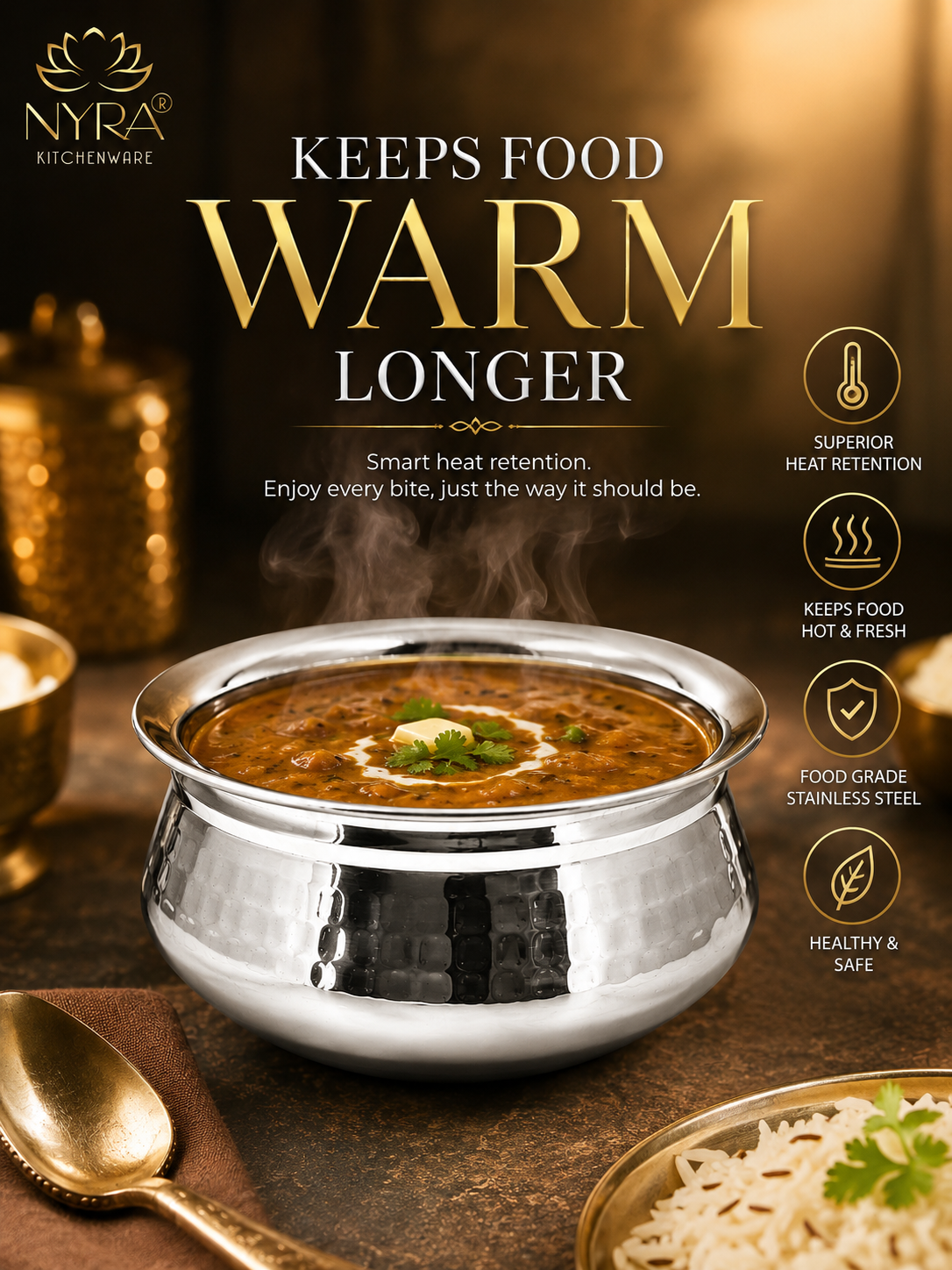 Stainless Steel Hammered Finish Dal Handi - Premium Serveware Set