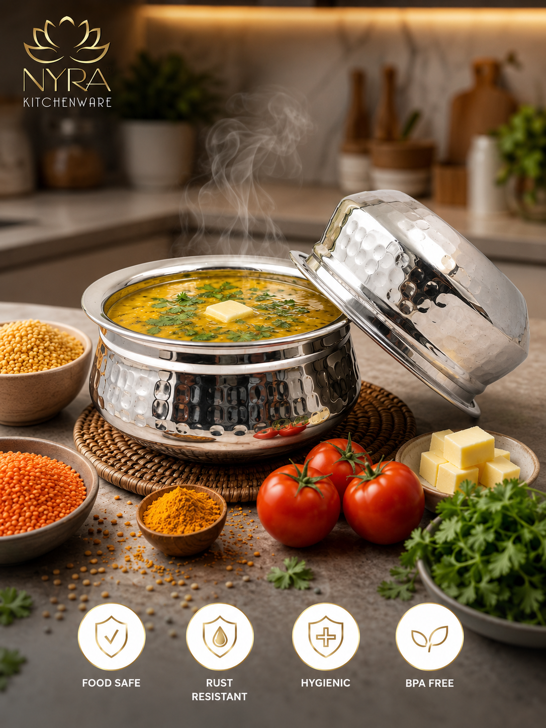 Stainless Steel Hammered Finish Dal Handi - Premium Serveware Set