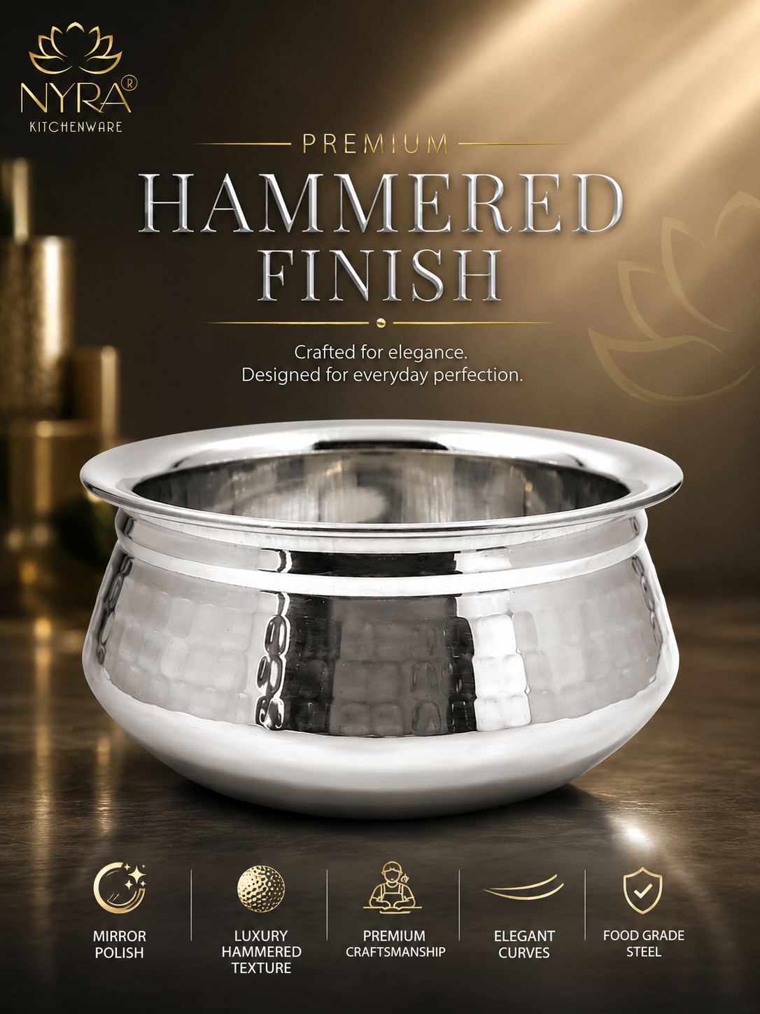 Stainless Steel Hammered Finish Dal Handi - Premium Serveware Set